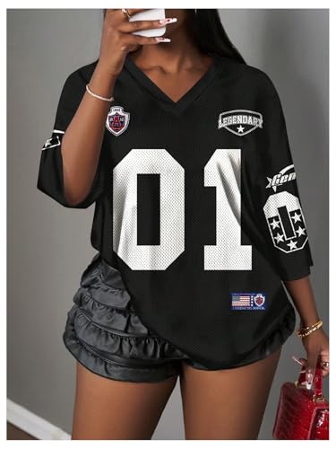 Image of RoseSeek Women's Jersey Shirts Number Graphic V Neck Football T Shirts Tops | 3 /4 Sleeve Length, Oversized, Mesh, Workout, Jersey Tops, Summer, Soccer, Baseball, Streetwear