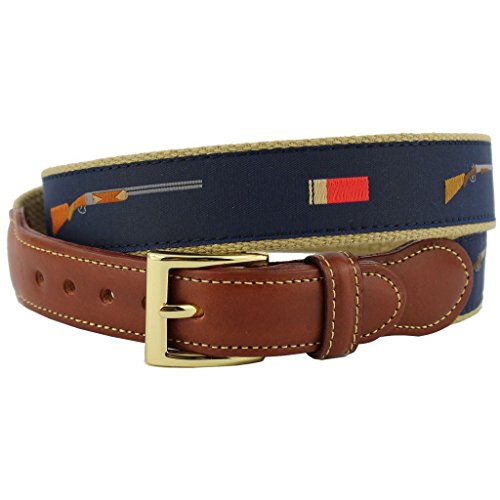 COUNTRY CLUB PREP Shotgun and Shells Leather Tab Belt in Navy on Khaki Canvas2