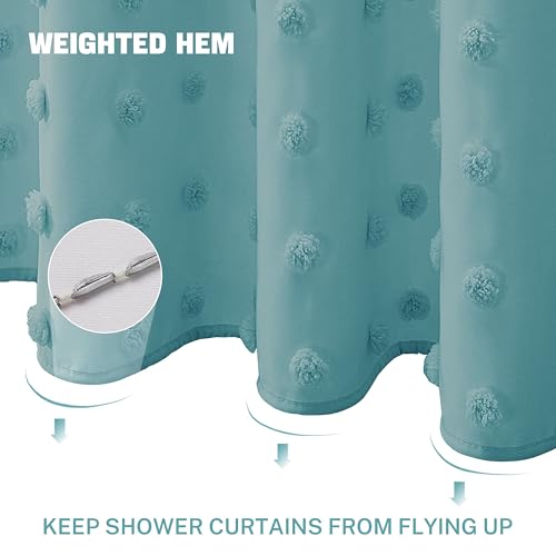 Siiluminisoy Boho Teal Shower Curtain Woven Fabric Shower Curtain, 72 x 72 Tufted Pleat Floral Puffs Textured Modern Farmhouse Minimalist Shower Curtain Set with Hooks for Bathroom by Siiluminisoy - Used condition - Image 3