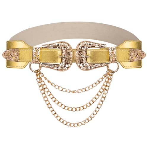 Image of Dubulle Womens Belt Chain Leather Belts Vintage Western Adjustable Elastic Double Buckle for Cowboy Pant Dress