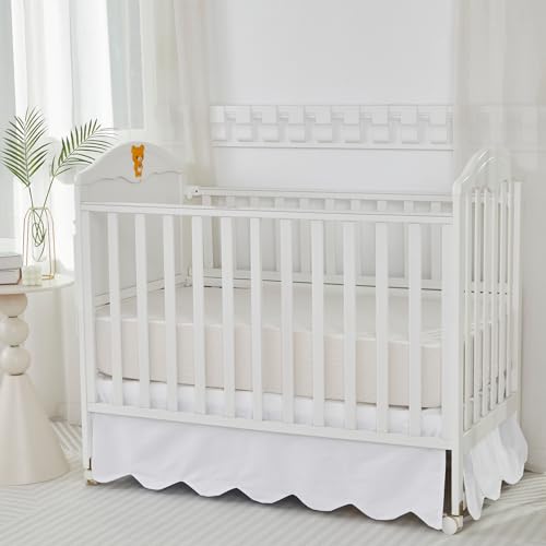 Image of Brandream Scallop Edge Cotton Crib Skirt Toddler Bedskirt Baby Nursery Crib Bed Skirt Boho BohemianNeutral Solid Color Cream Off White Farmhouse Chic Boho Bohemian Skirt