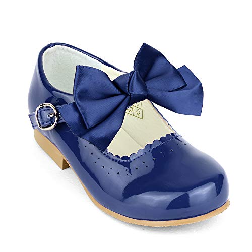 Girls Spanish Style Mary Jane Bow Shoes Shiny Patent Navy Size UK1 Older Child