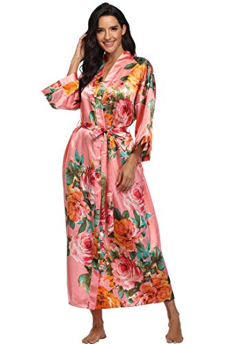 Image of Women Silk Kimono Robe Long Floral Bridesmaids Robes Satin | Wedding Party Bridal Getting Ready Robe Lightweight Dressing Gown Loungewear Sleepwear