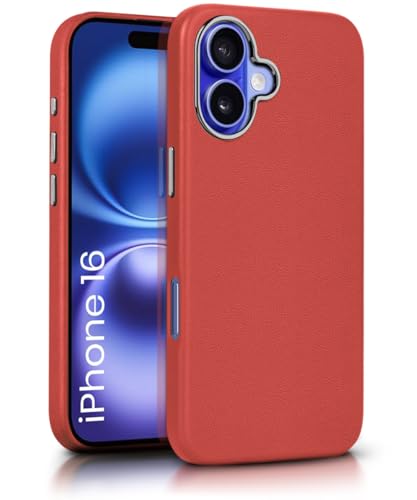 Image of WOW IMAGINE Back Cover for iPhone 16 | Shockproof Tough Leather Texture Hard Mobile Case | Ultra Slim Non-Slip Grip | Inner Velvet Fabric | Metal Camera Ring - Crimson Red