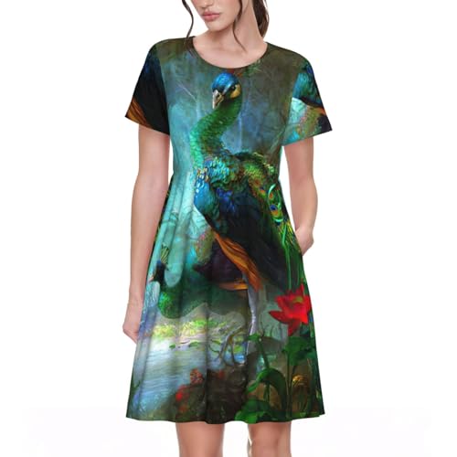 Robe d'été décontractée manches courtes col rond motif paon