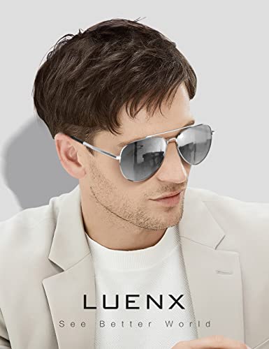 Luenx Women Men Aviator Sunglasses Polarized Mirror Silver Lens Metal Silver Frame With Case #TOP1
