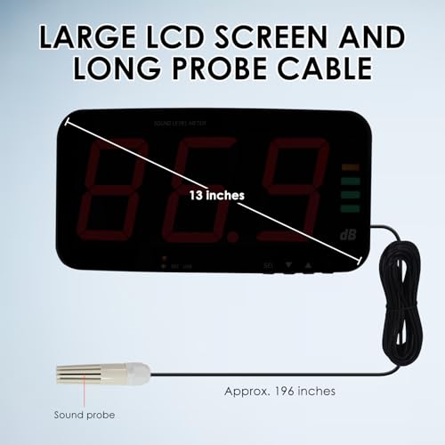 Decibel Meter Sound Level Meter with Data Logging, 13\" Large LCD Display Wall Mounted Noise Meter for Classroom w/ 16.4ft Corded Sensor & Alarm Output for Studio Decibel Noise Measuring and Recording