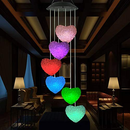 YOUYUAN LED Solar Wind Chime - Outdoor Waterproof Solar Powered LED Changing Light Color Mobile Six Heart Shaped Wind Chimes for Home,Party,Festival Decor,Valentines Gift,Night Garden Decoration