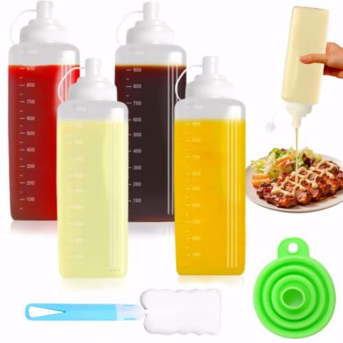 【Chiare marcatura delle dimensioni】Ogni grande oliera plastica è chiaramente contrassegnata con una scala, in modo da poter misurare facilmente e controllare con precisione le proporzioni di quantità della salsa. È anche possibile vedere la quantità di salsa nella squeeze bottle di condimento per evitare lo spreco.