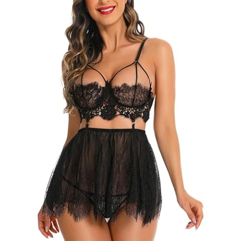 AGFAN Lingerie for Women Lace Babydoll Chemise Sexy High Waisted Nightdress Sleepwear Set Black XL Cover