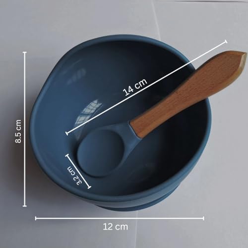 Image of Baby Food Bowl, Kids Round Cup and Spoon Set, Children Feeding Tableware Training Eating Bowl, Silicone Baby Supplies, Silicone Tableware Children's Products (Set : 1, Color : Dark Blue)