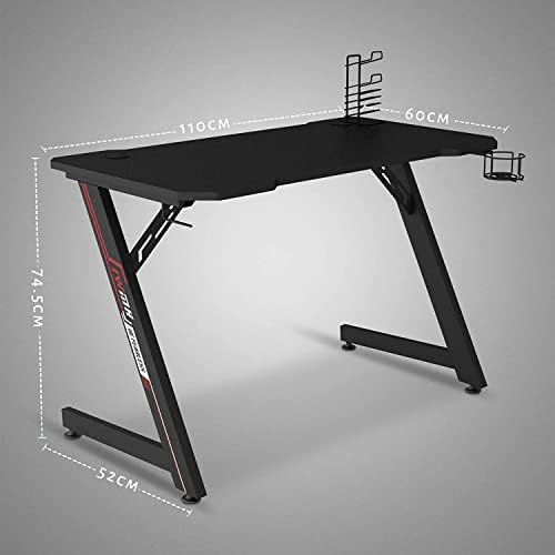 IntimaTe WM Heart Gaming Desk, Z Shaped Large Ergonomic Computer Table, Pc Metal Gamer Desk 110cm for Home Office with Headphone Hook, Cup Holder, Black