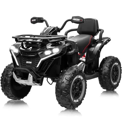 ANRLI Kids ATV XL Four Wheeler w/EVA Tire, 24V Ride on Car, 19-Inch Leather 2 Seater, 4X200W Motor, Remote Control, Knee Pad＆Flower, 24 Volt Ride on Toys Electric Quad for Big Kids, Black