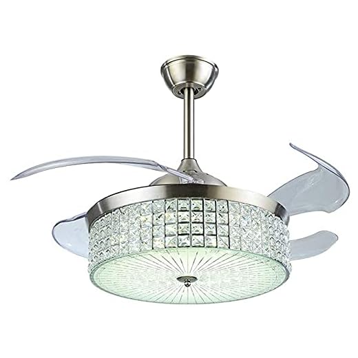 Modern Crystal Ceiling Fan med Light Nordic 4 Acrylic Retractable Blades LED takfläktar Remote 3 Färg Ändringar 3 Hastigheter ljuskrona Lighting Fixture Silent Motor Ventilatorlampa, Frekvens C wangYU