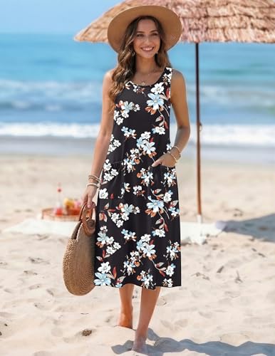 Image of Zeagoo Womens Summer Midi Dresses 2026 Casual Sleeveless Tank Sundresses A Line Crewneck Beach Vacation Dress with Pockets