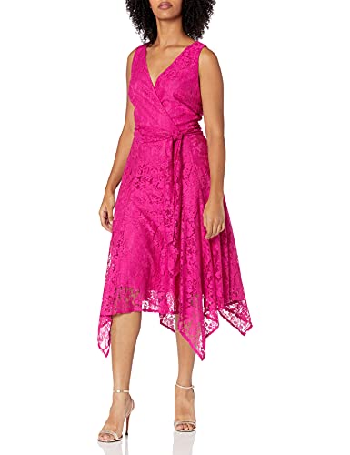 Gabby Skye Women s Sleeveless V-Neck Solid Wrap Lace Dress, Fuchsia, 10