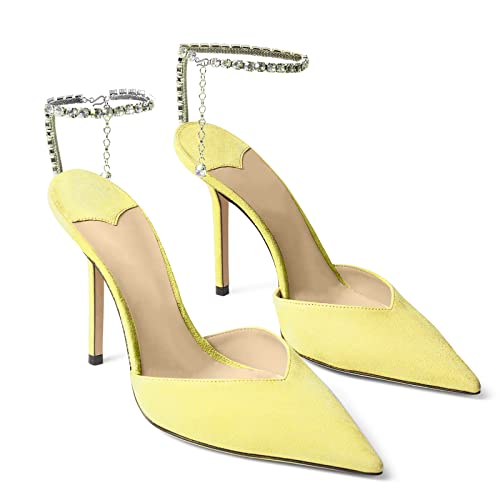 Image of LauraVicci Women's Heeled Sandals Crystal Chain Ankle Straps Rhinestones Buckle High Heels Stiletto Slip On Wedding Party Satin Dress Shoes