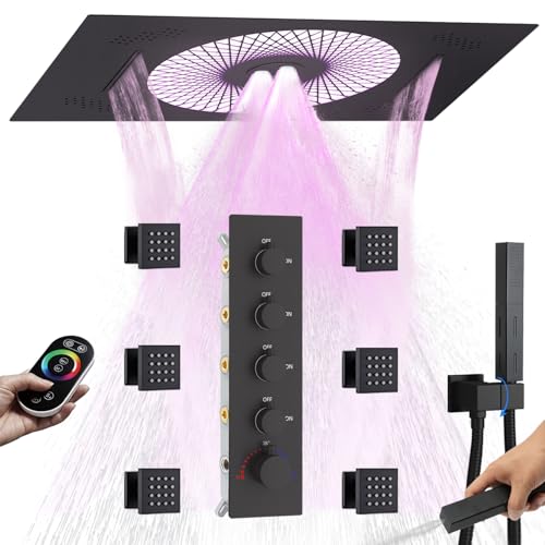 NPYSVSSS LED Multi Functions Full Body Shower System with Body Jets 2 in 1 Functions Handheld and 16x24inch Waterfall Mist Showerhead Shower Faucet Set Can be turned on simultaneously, Matte Black