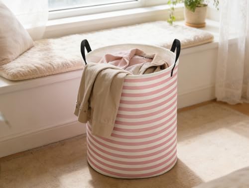 Image of ESSME Kids Laundry Basket,Pink Hamper Collapsible Canvas Waterproof Storage Bin for Girls, Cute Hamper,Gift Baskets(Pink stripes)