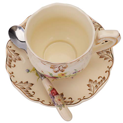 Foraineam Set Of 2 Tea Cup And Saucer, 8 Oz. Flowering Shrubs Ivory Ceramic Coffee Cup Fancy Floral Porcelain Tea Cup Set With Saucer And Spoon #TOP4