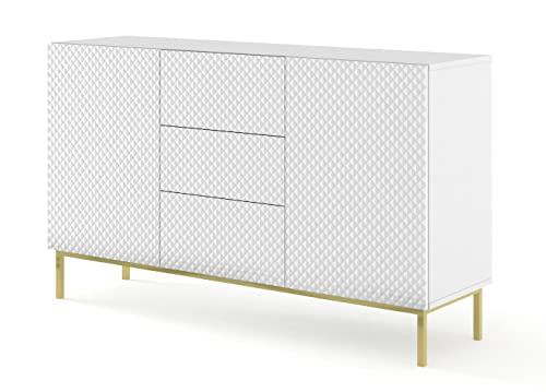 BIM Furniture Kommode Ravenna C 2D3S 150 cm gefräst MDF, Sideboard Highboard Schrank, 3 Türen, 3 Schubladen (Weiß) Hochglanz