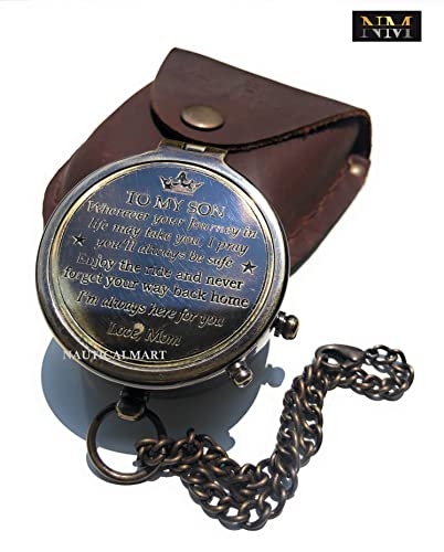 Brújula de latón grabada con estuche de cuero miniatura 3