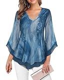 ✿【Elegant und Feminin】 Damen Elegante Bluse fällt sanft, Die Mesh-Trompetenärmel sind halbtransparent, ein Hingucker sin die weit geschnittenen Ärmel, Dadurch fällt der 3/4 Ärmel ganz toll und sieht sehr feminin aus. Curvy elegant Saum Design, Schöne Länge verstecken den Bauch und die Hüften gut, lassen Sie schlanker aussehen.