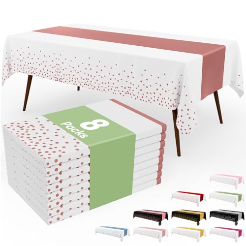 Image of Smiry Plastic Table Cloth Disposable 8 Pack, 54 x 108 Inch Rectangle Waterproof Tablecloth, Printed Gold Table Runner Style for Birthday Weeding, Party, Leakproof & Sturdy, Rose Gold and White