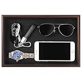 Zosenley Wooden Valet Tray with Leather Base - Nightstand Catchall Organizer for Cologne, Perfume, Keys, Wallet, Phone, Watch, Jewelry & Sunglasses (Black)