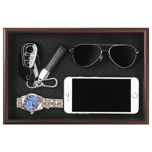 Zosenley Wooden Valet Tray with Leather Base - Nightstand Catchall Organizer for Cologne, Perfume, Keys, Wallet, Phone, Watch, Jewelry & Sunglasses (Black)