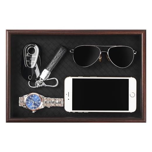 Zosenley Wooden Valet Tray with Leather Base - Nightstand Catchall Organizer for Cologne, Perfume, Keys, Wallet, Phone, Watch, Jewelry & Sunglasses (Black)