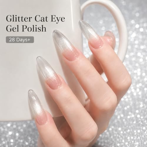 Image of AZUREBEAUTY Translucent Silver Cat Eye Magnetic Gel Nail Polish 18ML | Magnetic Moonlight Shimmer Soak Off UV /LED Gel Polish, Silver Reflective Color for Nail Art, DIY Manicure & Salon Use