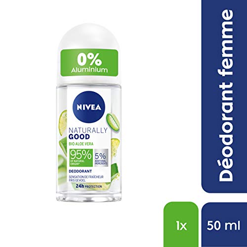 NIVEA NATURALLY GOOD Déodorant Femme Aloe Vera Bio Bille 50 ml, déodorant avec 95% d’ingrédients d’origine naturelle, roll-on fraîcheur 24h (Lot de 4)