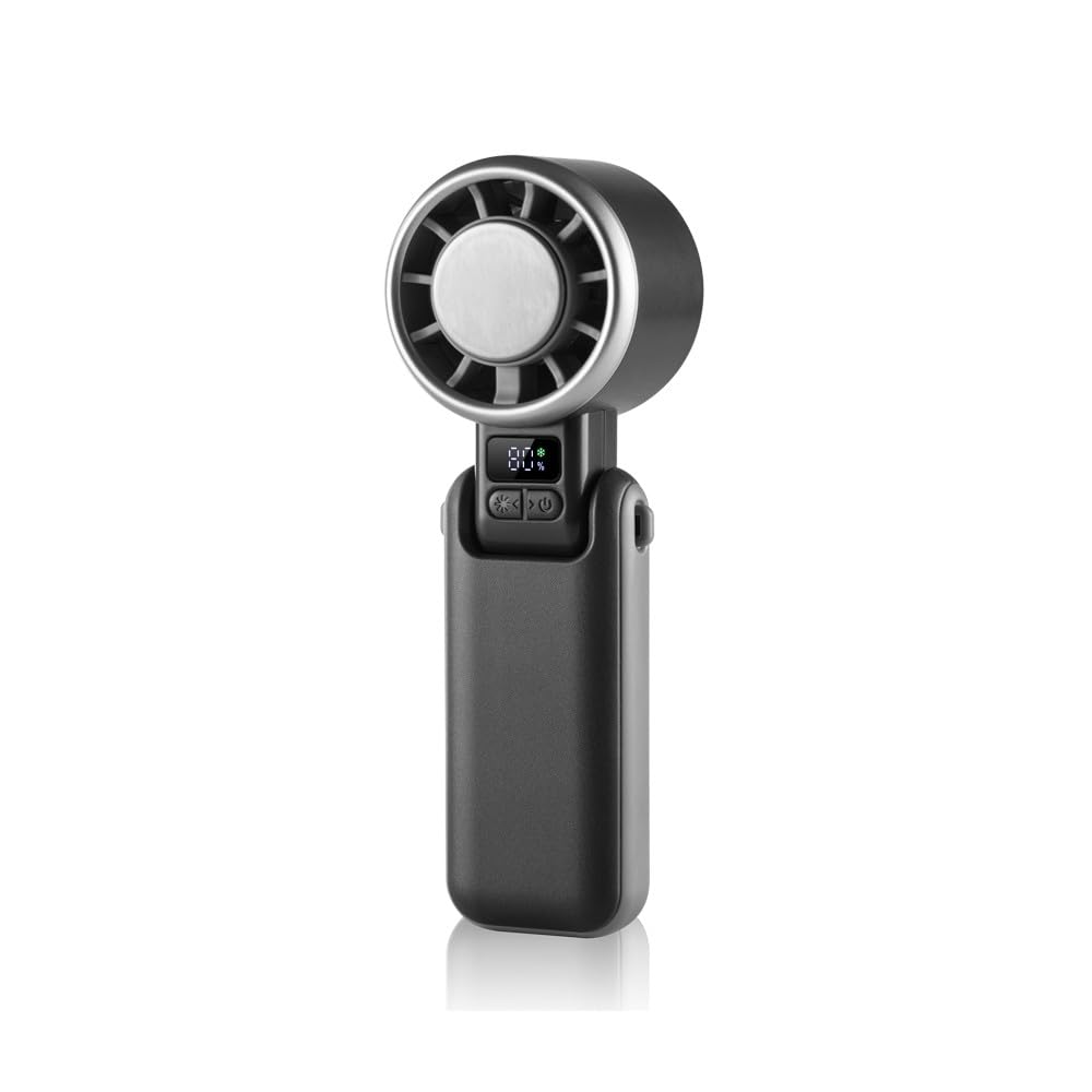 wonderlamp - Ventilatore a mano Glasi nero, modalità ghiaccio, 5 velocità, display LED, silenzioso, batteria ricaricabile e pieghevole – Mini ventilatore portatile