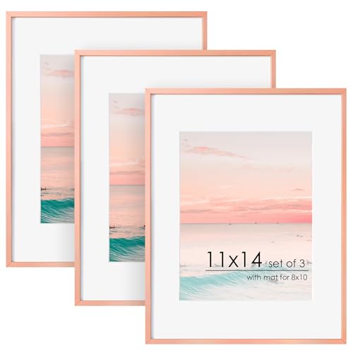 Image of FLYJOE 11x14 Picture Frame -11x14 Metal Picture Frame With Mat For 8x10 | 14x11 Frame Aluminum | Plexiglass And Hanging Hardware Included | 11 by 14 Poster Frame, Set of 3, Rose Gold