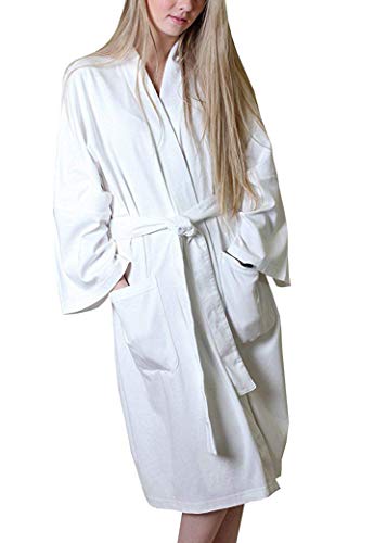 Women’s 100% Organic Cotton Spa Bath Robe Kimono, Super Soft Lightweight Non-Toxic Eco-Friendly Hypoallergenic (White, L/XL)