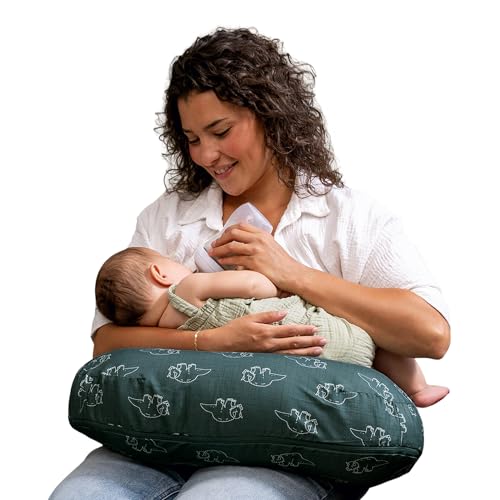 Image of Boppy Nursing Pillow - Ergonomic Bottle & Breastfeeding Pillow with High, Firm, Large Area, Water-Repellent Cushion with Washable Cover; Baby Safety Alliance Verified - Forest Green Dinos
