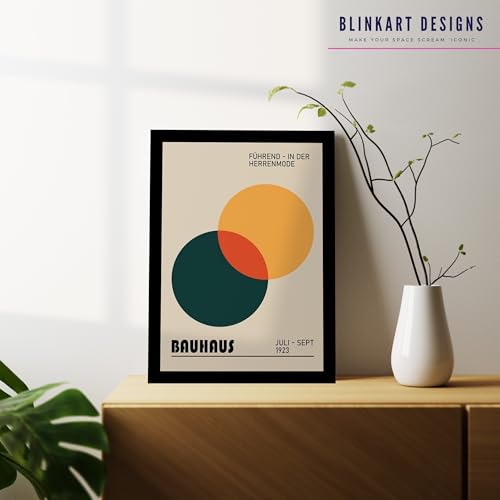 Image of BLINKART Vintage Bauhaus Retro Geometric Aesthetic Poster Gallery | Colorful Wrap Framed For Home Office Studio Living Room Modern Art Studio Decoration Abstract Shapes | (d91) | 13x10 Inch