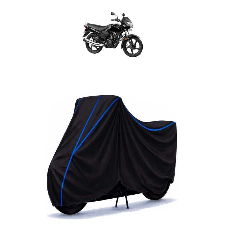 Image of TVS Sport Balck Bike Cover Water Resistant Universal Motorcycle Rain | Heavy Duty UV Protection, Dust, Scratch Indoor Outdoor All Weather with Black Blue Piping Elastic