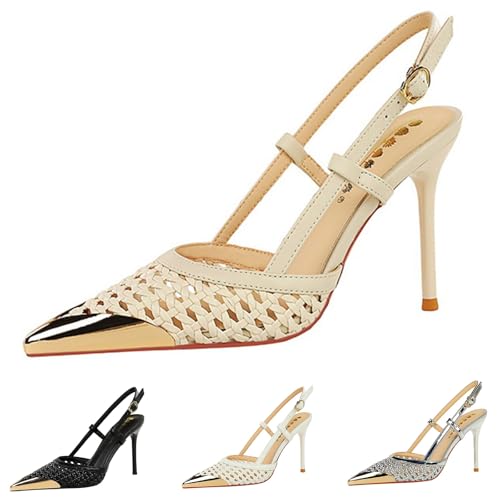 Womens Leather Braided Cutout Stiletto Sandals Fashion Closed Pointed Toe Slip On Slingback Dress Pumps for Sexy Wedding Bridal Party