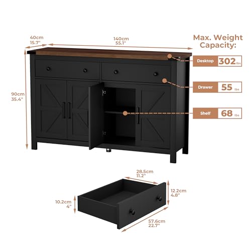 Vvflu 00931 55 Inch Sideboard Buffet Cabinet With Storage, Coffee Bar Cabinet With 2 Drawers And 4 Barn Doors, Long Storage Cabinet Modern Farmhouse, Black Wood thumb #2