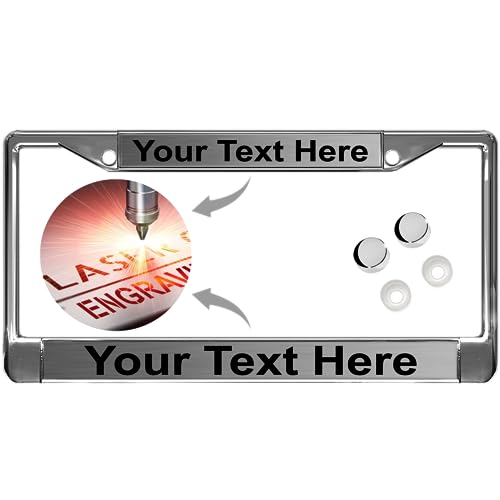 Image of Custom Personalized Chrome-Plated Metal Laser Engraved Standard Size - Car /Automobile License Plate Frame with Free caps - Steel /Black Text (Qty: 1 Frame)