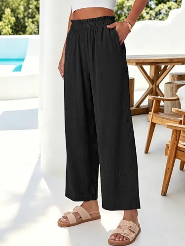 Image of ANRABESS Womens Wide Leg Cropped Palazzo Pants | Lightweight Breathable Elastic High Waisted Pants, Beach Vacation Flowy, Lounge & Casual Summer Trousers with Pockets