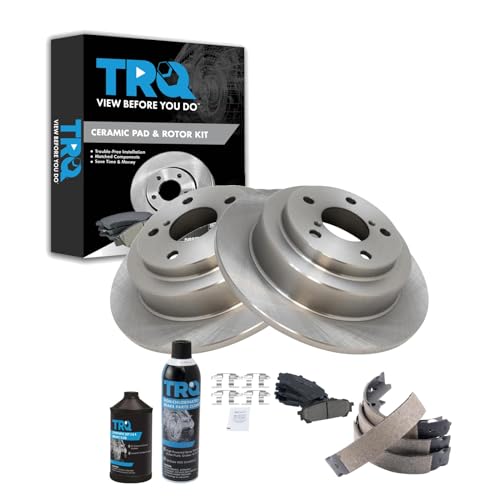 Image of TRQ Rear Brake Pad & Rotor Kit, with Chemical Kit Parking Brake Shoe Set Ceramic Compatible with 2004-2007 Subaru Forester Impreza