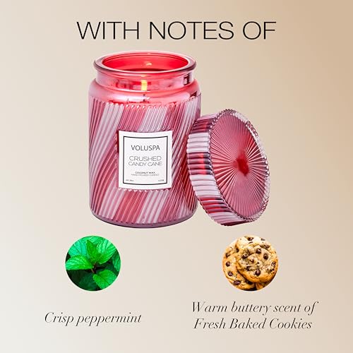 Image of Voluspa Crushed Candy Cane, Large Candle Jar, 18 oz, 100 Hour Burn Time, Coconut Wax for Clean Burning, Handcrafted in the USA