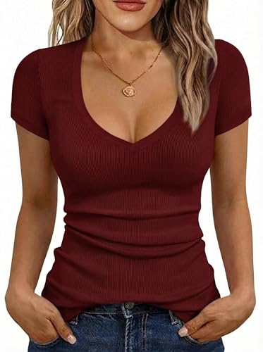 Image of Albe Rita Women Short Sleeve T-Shirt Cap V Neck Shirts for Women Ribbed Casual Top Knit Slim Fit for Summer