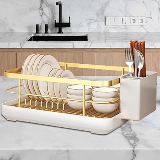 Dish Drying Rack - Cutlery Drainer with Utensil Holder, Drying Rack Over Sink Drainer Draining Rack with Drip Tray, Large Capacity Dish Drying Rack for Dishes Spoons Forks (Gold)