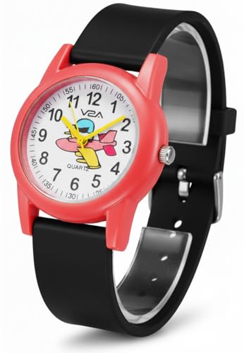 Image of V2A Resin Analog Aeroplane Print Dial Cute Watch For Kids And Toddlers Unisex-Child Between 2 To 8 Years Of Age Black Band 30 M Waterproof Watches For Kids, Dial White, Band Gold