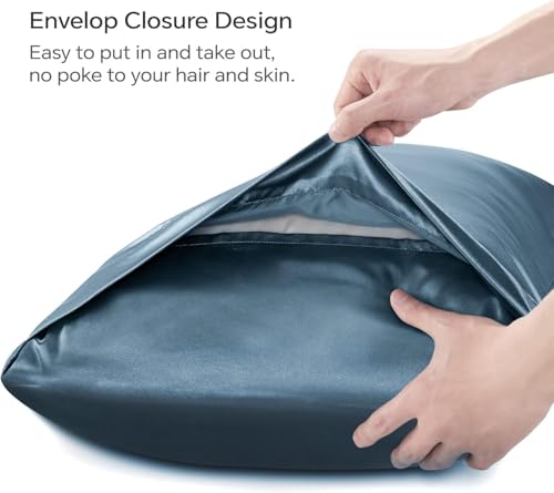 Image of GO WELL Solid Satin Silk Pillow Covers Pack of 2 for Hair and Skin-with Satin Scrunchies |Satin Pillow coves for Hair and Skin|scrunchies for Women 3-Piece|Silk Pillow case (Bluesteel) 800Tc