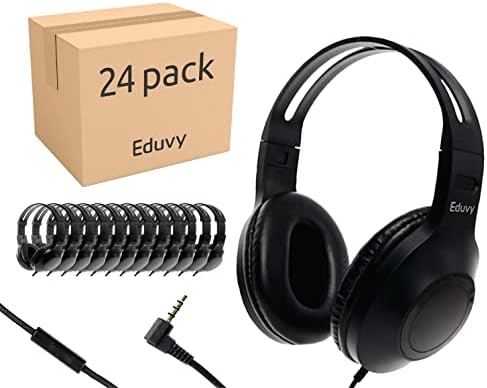 Eduvy Bulk Headphones for Classroom with Microphone, Pack of 24 Wired Headphones for Middle School to College Students. School Headphones Pack, Classroom Headphones. Classroom Must Haves (Black)